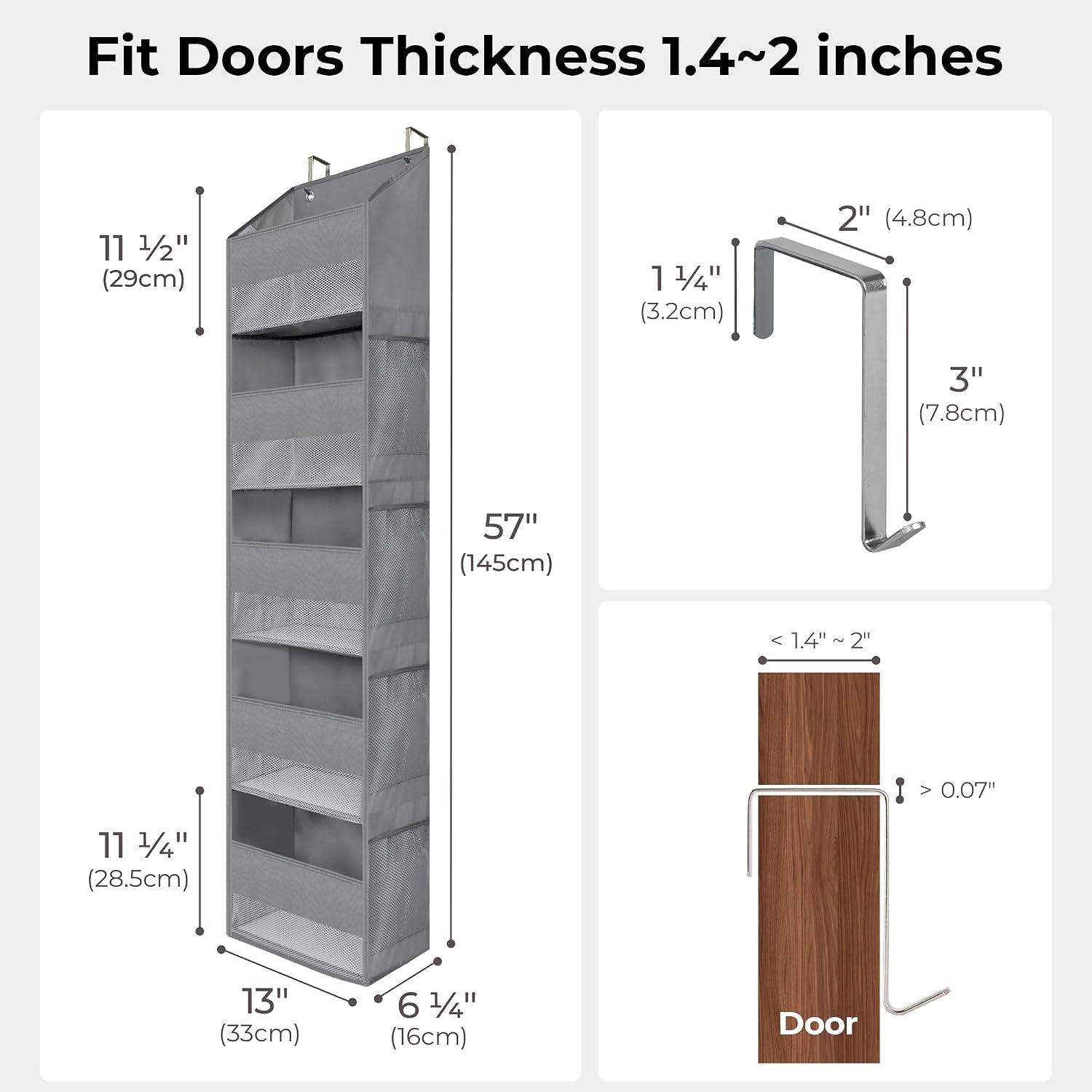 5-Shelf Hanging Storage Pockets, Pack of 1 Back Door Organiser Storage, behind Door Storage Organizer for Bedroom Living Room, Grey Overdoor Storage Organiser, Nursery Hanging Storage