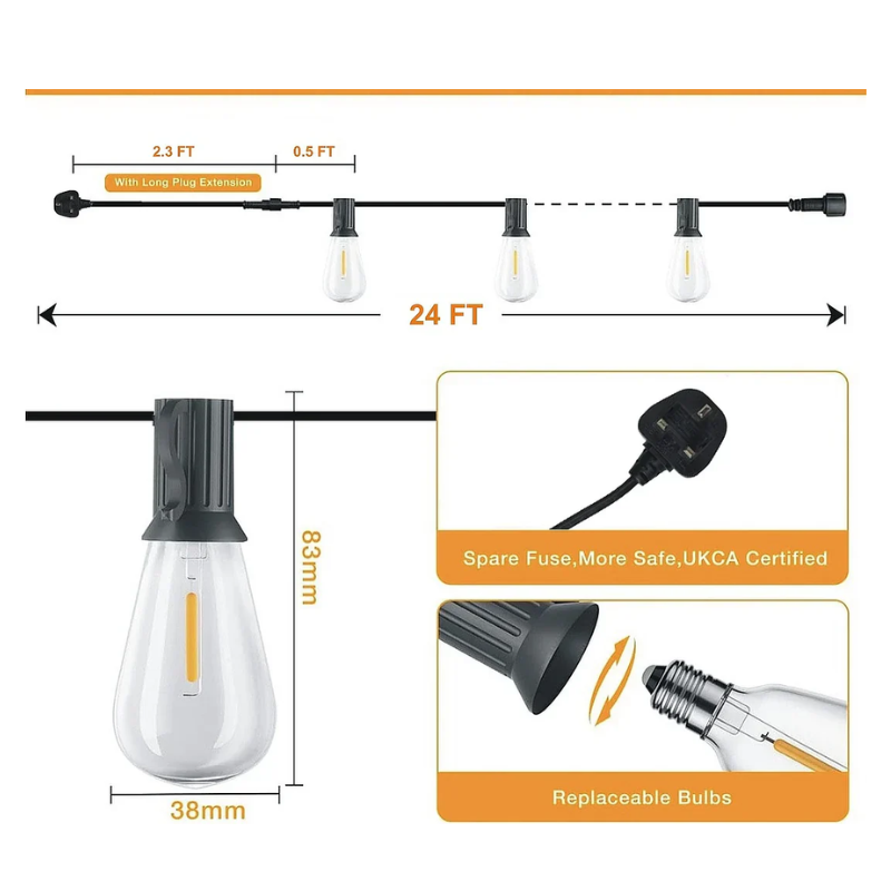 With 25Bulbs & 25 Sockets 24ft Heavy Duty Outdoor Festoon Lights