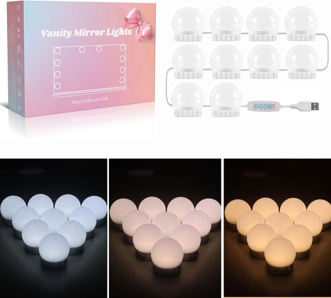 Hollywood Mirror Lights Stick on 10 Bulbs, USB Cable Adjustable, 3 Colour Changing and 10 Brightness, LED Vanity Mirror Lamp Dimmable, Makeup Lights for Dressing Table (No Adapter)