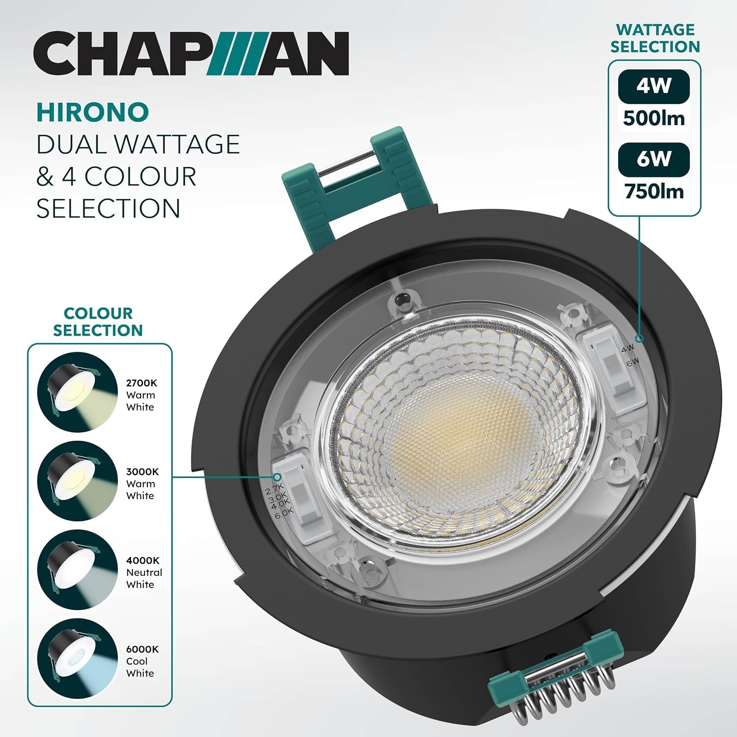 Chapman Hirono Pro 4W & 6W Fire Rated Downlights IP65 White 8 Pack | 4CCT 2700K-6000K, Cool, Neutral or Warm White Waterproof LED Modern Ceiling Light for Bathroom, Kitchen, Bedroom & Living Room