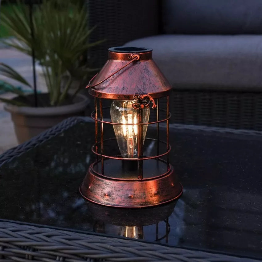 25cm Solar Copper Filament Effect Table Lantern - Warm White LED Light Bulb - Outdoor Hanging Garden Tabletop IP44 Decorative Lighting
