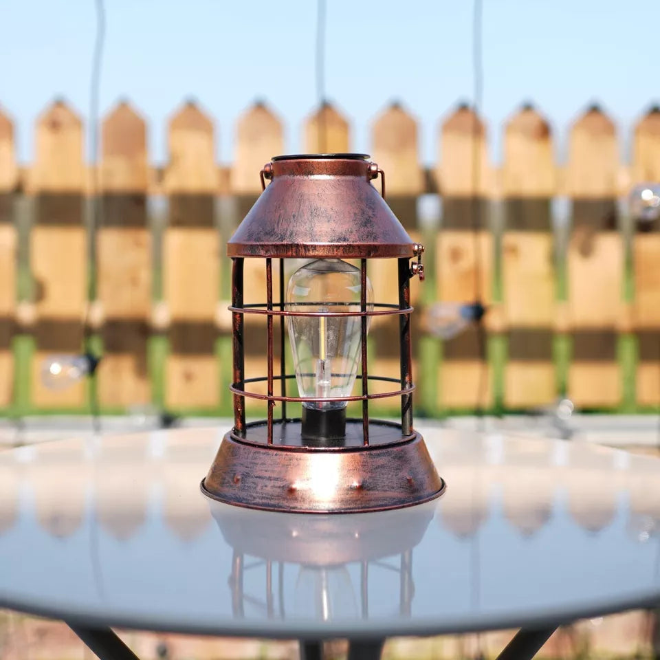 25cm Solar Copper Filament Effect Table Lantern - Warm White LED Light Bulb - Outdoor Hanging Garden Tabletop IP44 Decorative Lighting
