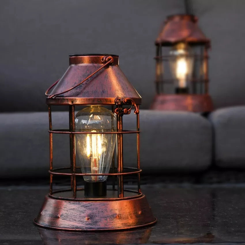 25cm Solar Copper Filament Effect Table Lantern - Warm White LED Light Bulb - Outdoor Hanging Garden Tabletop IP44 Decorative Lighting
