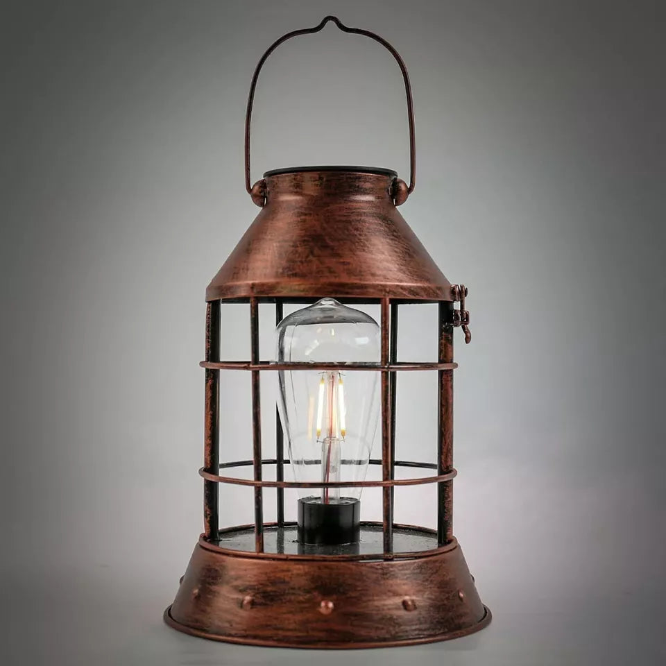 25cm Solar Copper Filament Effect Table Lantern - Warm White LED Light Bulb - Outdoor Hanging Garden Tabletop IP44 Decorative Lighting
