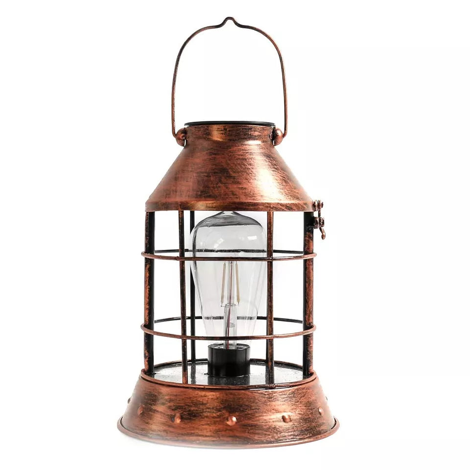 25cm Solar Copper Filament Effect Table Lantern - Warm White LED Light Bulb - Outdoor Hanging Garden Tabletop IP44 Decorative Lighting
