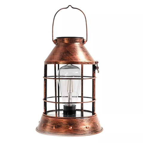 Decorative garden lantern with vintage-style bulb

