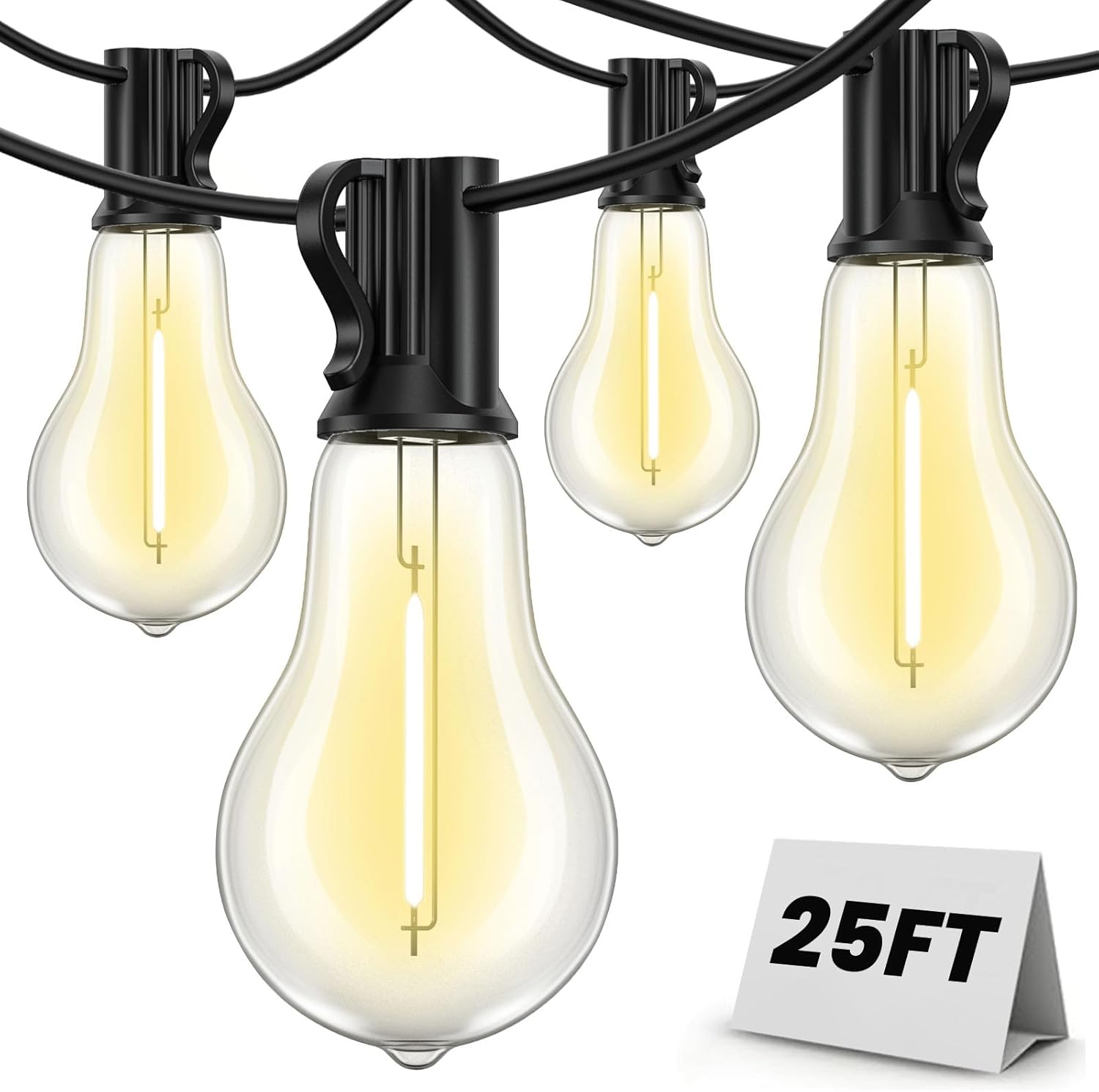 25FT ST38 LED festoon lights illuminating a garden fence with warm white glow
