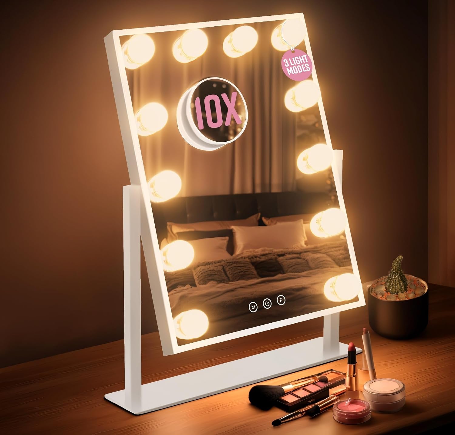 Hollywood Mirror with 9 LED Bulbs - 3 Colour Light Modes & Adjustable Brightness, Touch Screen, 360° Rotation, Light up Mirror, No Assembly Needed, Vanity Mirror with Lights - White