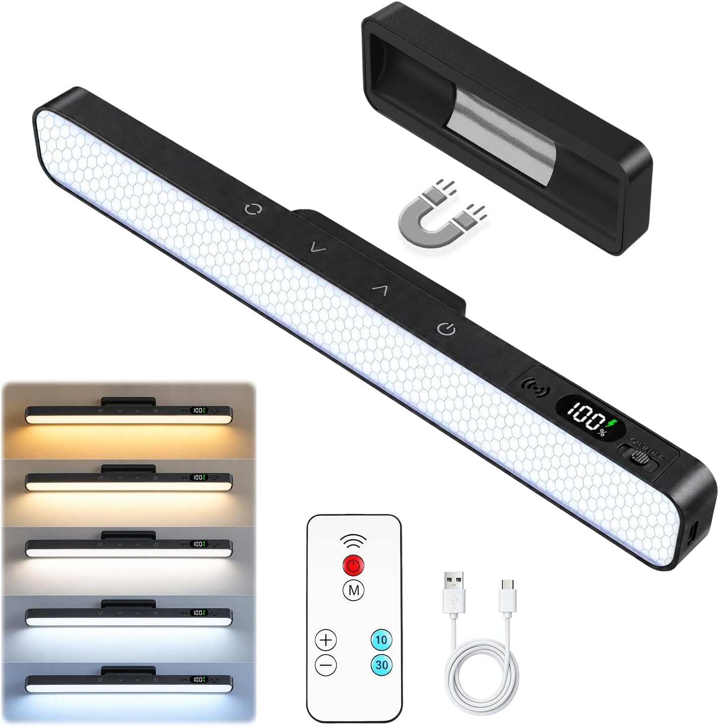 Makeup Light for Bathroom -Rechargeable LED Strip Light, Black | Wireless Wall Lights with Battery Display, 5 Color Modes, Remote Control Bathroom Mirror Lamp for Dressing Table, Cupboard