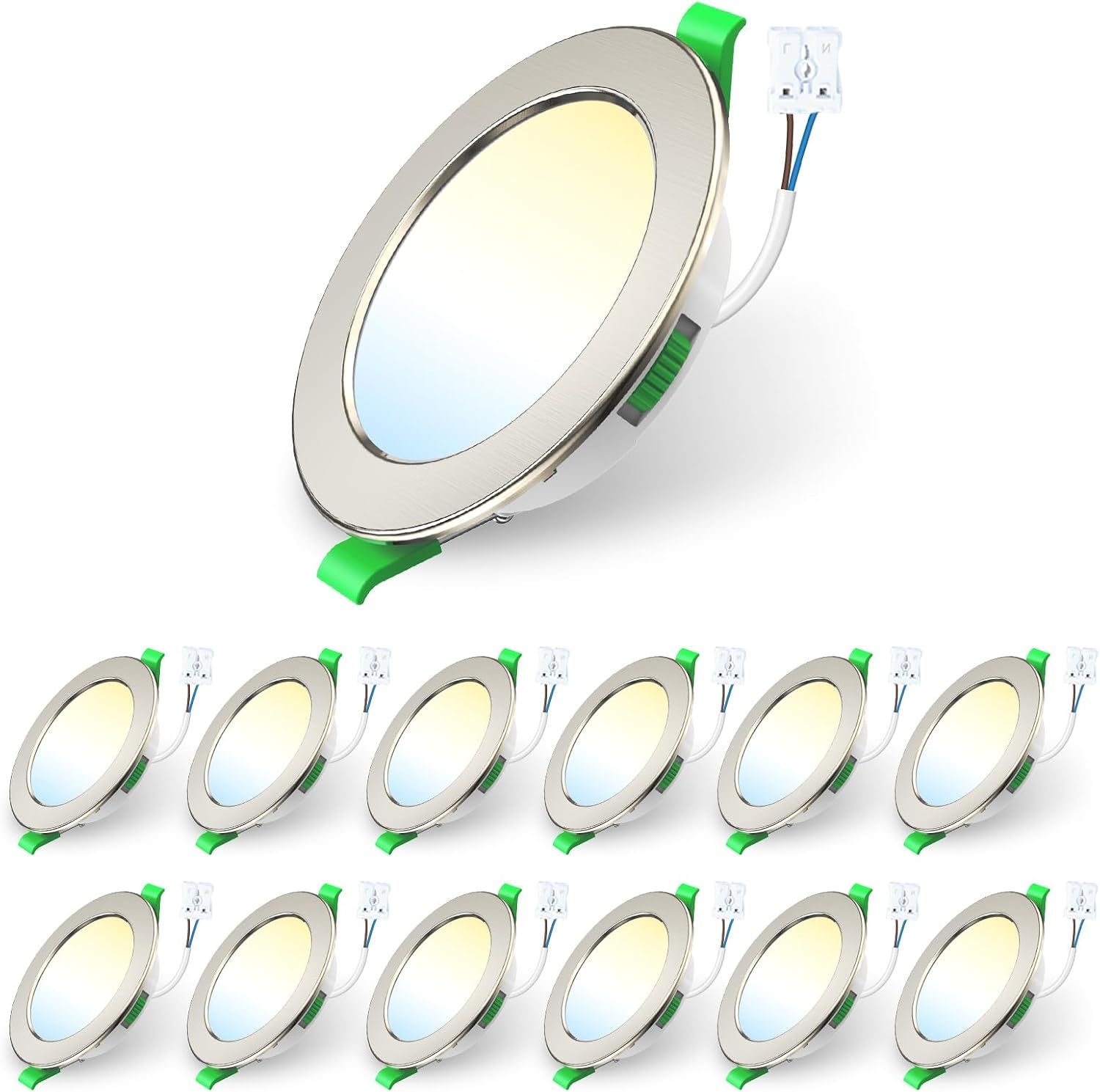 12 Pack LED Recessed Ceiling Lights Dimmable Suitable for Bathroom. | 7W 580LM 90-100Mm Cutout,Led Spot AC 220-240V,3CCT 3000K 4000K 6500K Adjustable,Ip44 Waterproof,Nickel