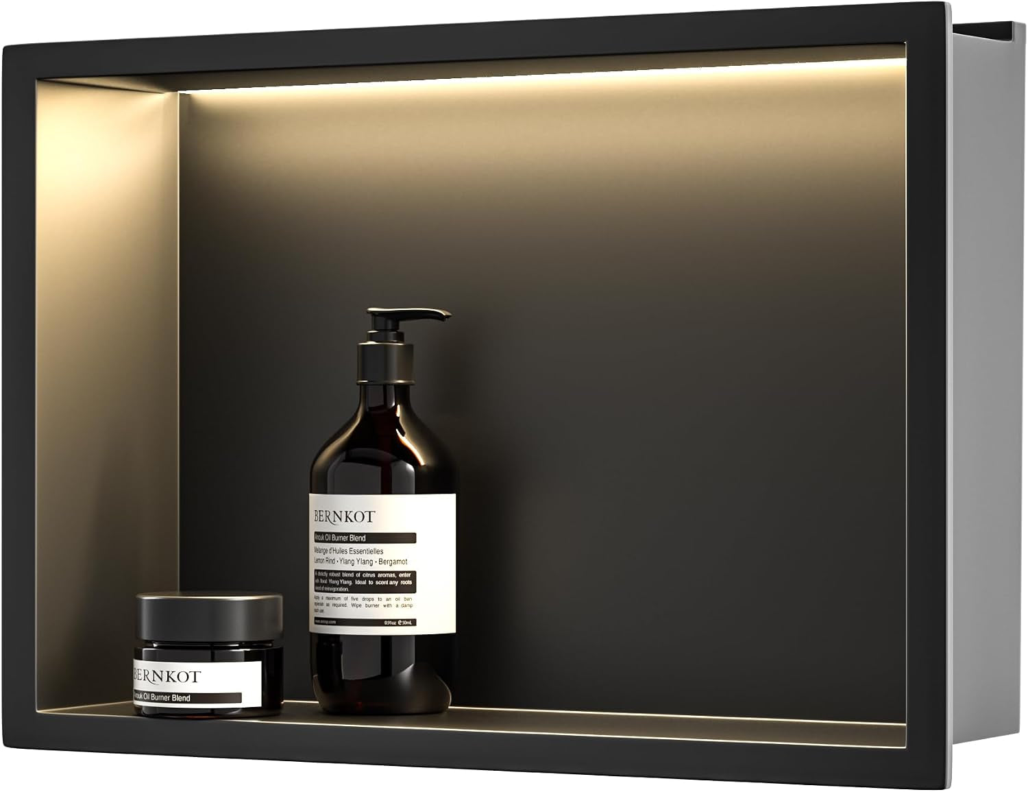 Wall Recess Shower Stainless Steel with LED Strip Light, 90 Cm X 30 Cm, Waterproof, No Tiles Required, Bathroom Storage, Niche, Matt Black