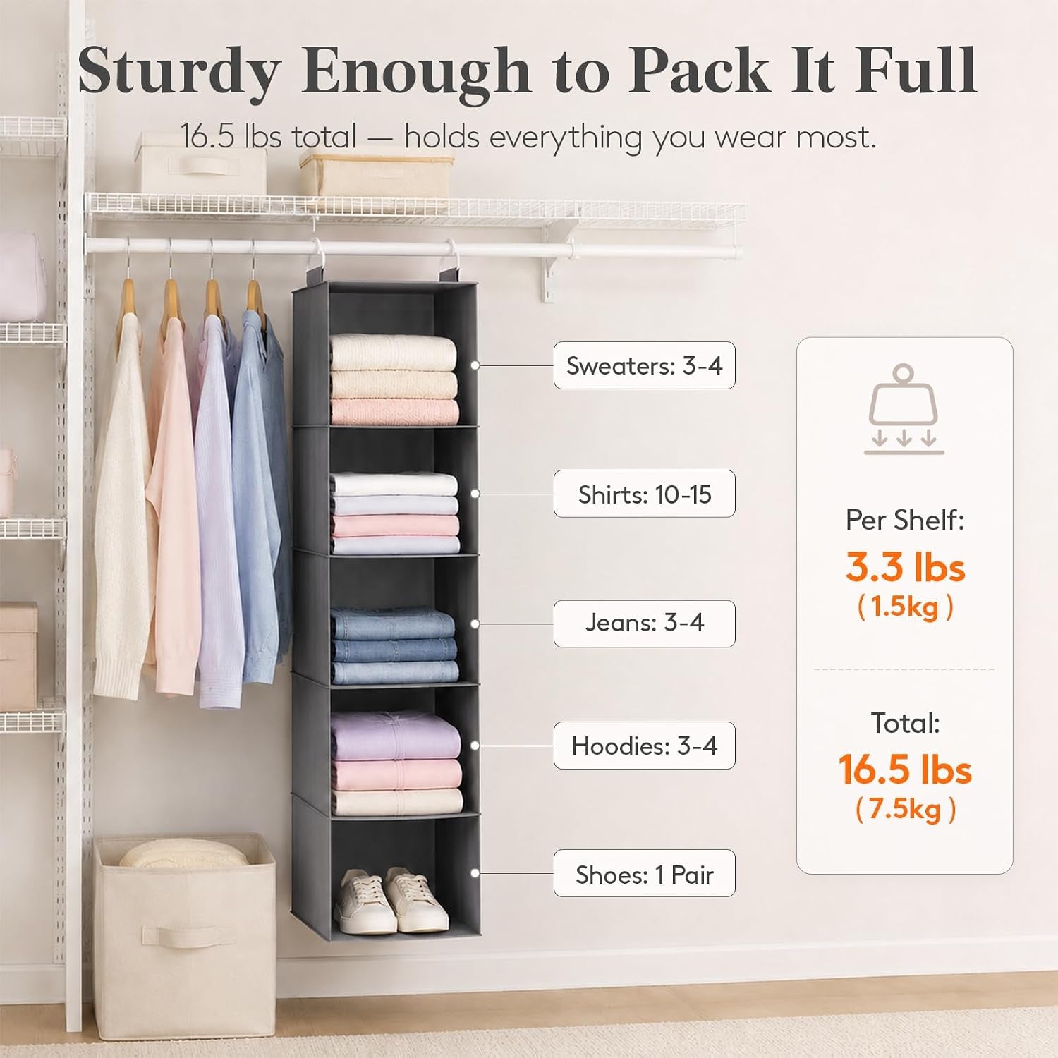 Hanging Wardrobe Storage Organiser for Clothes 5 Tier 2 Pack