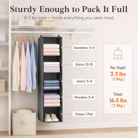 Hanging Wardrobe Storage Organiser for Clothes 5 Tier 2 Pack