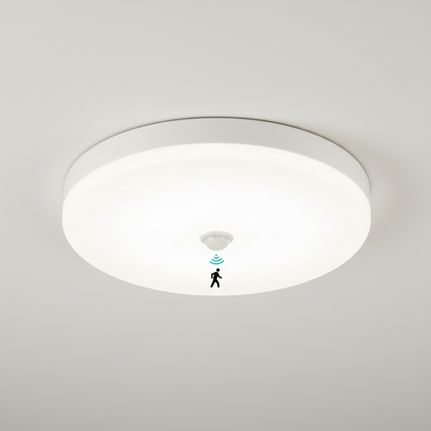 Ceiling light fixture with sensor icon on a white background