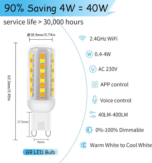 Wi-Fi Smart G9 LED Bulbs, Alexa/Google Compatible, Dimmable, 3-Pack, Warm to Cool White