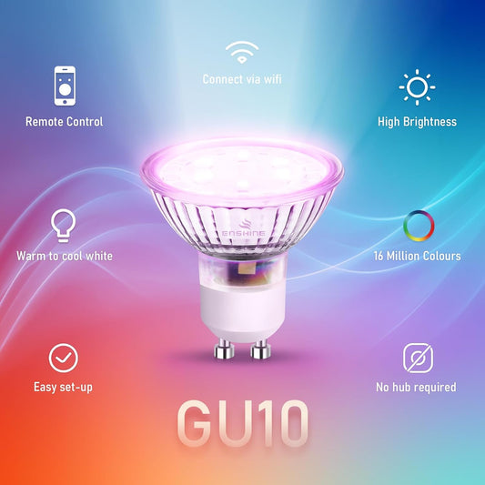 GU10 Smart Bulb, WiFi LED, Dimmable, RGB, Warm to Cool White, Alexa & Google Home Compatible, No Hub, 4 Pack