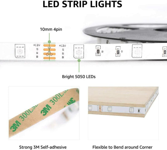 20M LED Strip Lights with Remote, RGB Colour Changing, Dimmable Strip Lighting, Long Plug in LED Lights