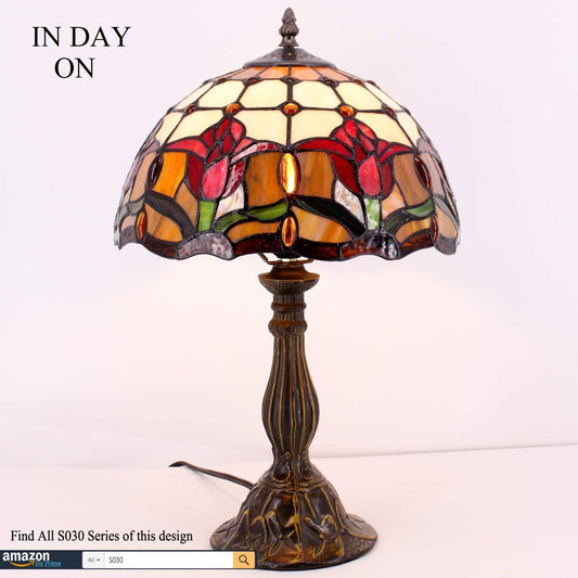 Stained Glass Tiffany Table Lamp - Tulip Flower Style, Desk Reading Light for Home Office