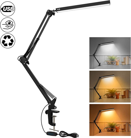 LED Desk Lamp with Clamp, Eye-Care Dimmable Reading Light, 3 Color Modes Swing Arm Lamp, USB Clip-on Table Lamp