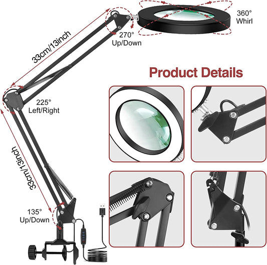 LED Magnifying Lamp with Clamp Real Glass Lens, Adjustable Swivel Arm Lighted Magnifier Table Light