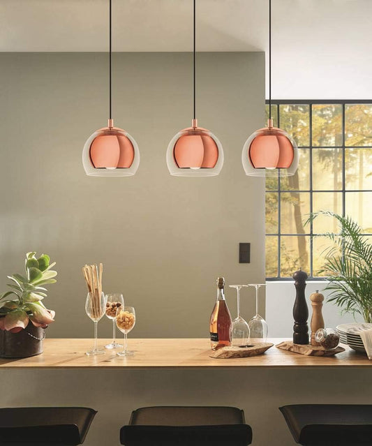 EGLO Ceiling light fitting Rocamar with 3 lampshades, pendant lighting made of copper-coloured steel and clear glass, hanging lamp for dining table and living room, E27 socket [Energy Class D]