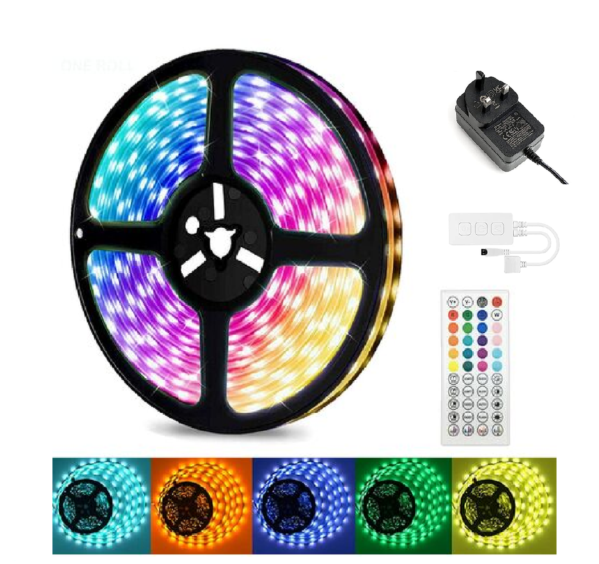 LED Strip Lights 5M Music Sync, 5050 RGB Colour Changing LED Strip with Remote and Plug, Dimmable Stick on LED Lights