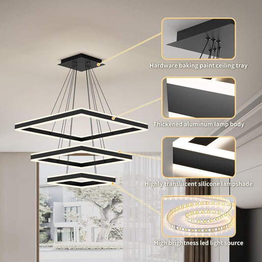40+60+80CM Living Room Pendant Lights, Square Three-Tier Pendant Lights, Linear Pendant Light with Remote Control 3000K-6000K 10%-100% Dimmable for Breakfast Bar, Kitchen Island [Energy Class A]