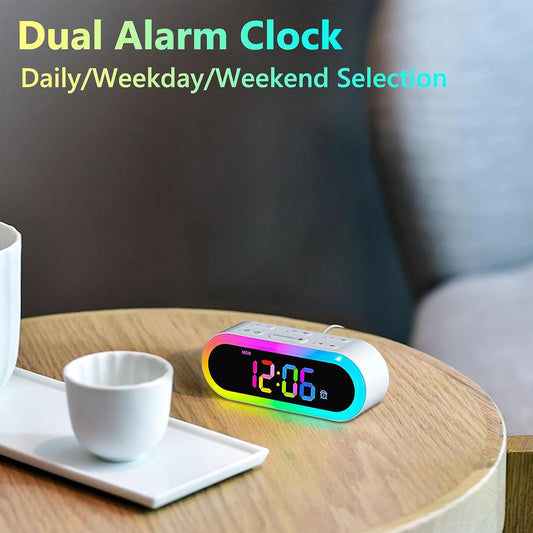 Dual Alarm Clock,different Wake Up Soothing Sounds,Weekday/Weekend, RGB Night Light, Dimmable, Snooze, Mains Powered, Auto-Off Timer