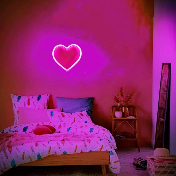 2 Pack Valentine’s Heart Neon Signs – Battery Powered Pink LED Wall Lights for Bedroom, Dorm, Party & Gift Decor (7.8")