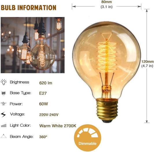 Vintage Light Bulbs G80, Decorative Spiral Filament Bulbs E27 60Watts, 2 Pack Dimmable Edison Screw Incandescentt Bulb, Warm White 2700K, 620Lm, 230V