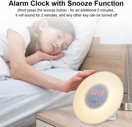 Sunrise Wake Up Lamp Alarm Clock and FM Radio, Bedside Reading Light with 7 Colours and Sounds, USB Powered