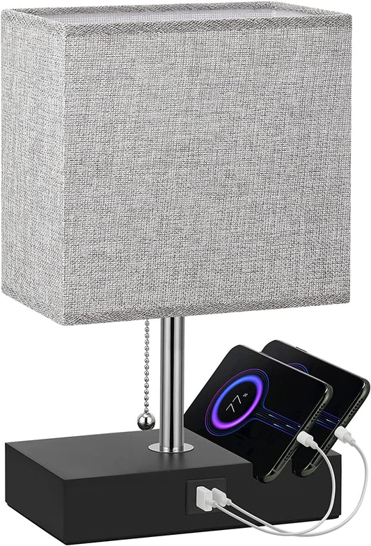 USB Table Lamp with 2 Useful USB Ports, Lamp Suitable for Nightstand Lamp or Bedroom Lamps, Grey Fabric Shade | 2 Convenient Phone Stand On The Base