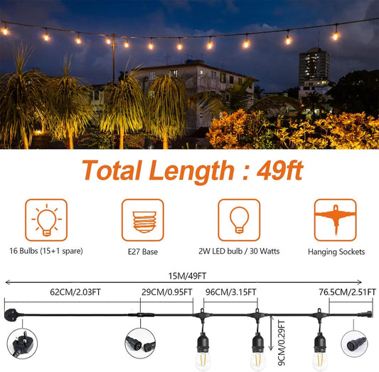 49FT Outdoor String Lights Mains Powered, 16 Pcs 2W S14 LED E27 Screw Bulb, 2700K Warm White S14 Garden String Festoon Lights for Patio Party Wedding Yard Gazebo