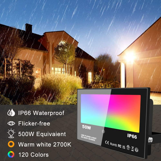LED Floodlight Outdoor 50W 5000LM, Colour Changing Flood Lights, RGB 120 Colours and Warm White, Timing Remote Control,IP66 Waterproof, UK3-Plug (2 Pack) [Energy Class E]