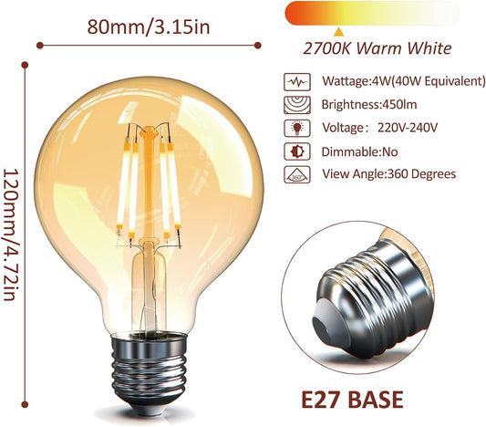 Vintage Edison LED Light Bulb 4W G80 E27 Bulb 2700K, 40W Equivalent, 400LM, Warm White Energy Saving Globe Decorative Bulbs, Retro Antique Filament Lamp, Non-Dimmable, 2 Pack [Energy Class E]