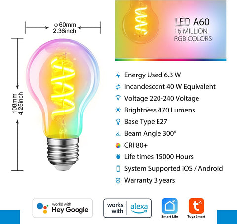 Smart Filament Light Bulb,Alexa Dimmable LED Color Changing Light Filament Bulb,E27 WiFi RGB Smart Filament Bulb,Compatible with Alexa,Echo,Google Assistant Include Remote Control(6.3W,470LM)