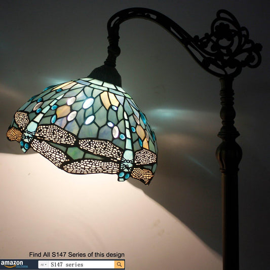 Sea Blue Tiffany Dragonfly Floor Lamp - Stained Glass Arched Design, Adjustable Gooseneck