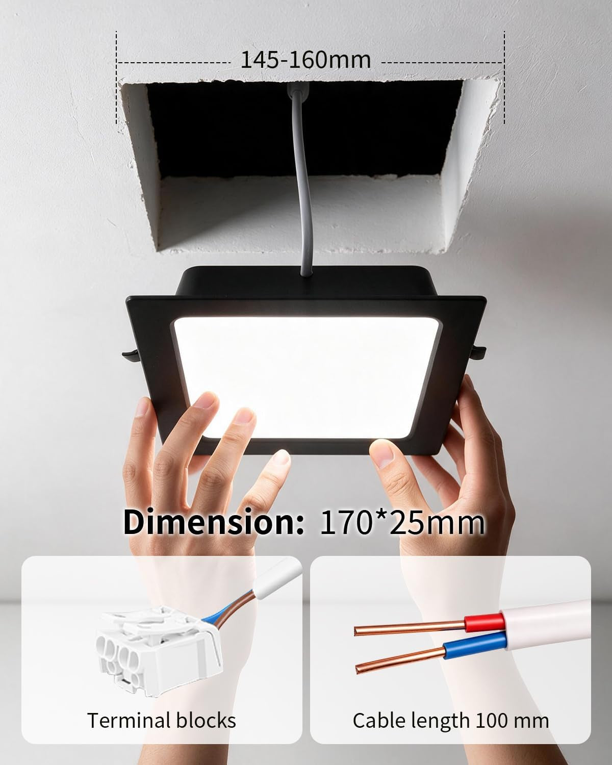 6 Pack Dimmable LED Downlights 18W, 3CCT, Black, Square, Cutout 145-160Mm | LED Spotlight Ceiling 150Mm, 1600LM, IP44, 3000K/4000K/6000K Adjustable, LED Recessed Ceiling Light for Bathroom