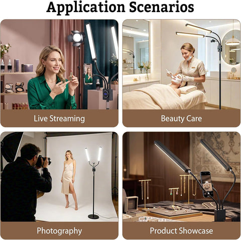 Beauty Light with 2 Arms | 3 Color LED Lash Light with Remote Control 360° Adjustable Floor Fill Lamp with Phone Holder for Photograph, Beauty, Tattoo