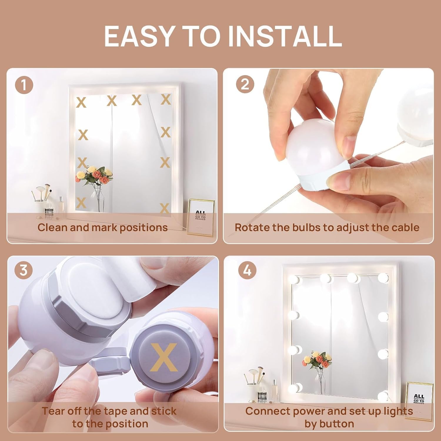 Hollywood Mirror Lights Stick on 10 Bulbs, USB Cable Adjustable, 3 Colour Changing and 10 Brightness, LED Vanity Mirror Lamp Dimmable, Makeup Lights for Dressing Table (No Adapter)