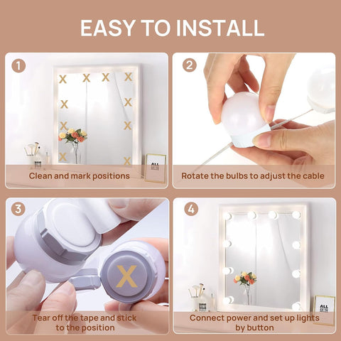 Hollywood Mirror Lights Stick on 10 Bulbs, USB Cable Adjustable, 3 Colour Changing and 10 Brightness, LED Vanity Mirror Lamp Dimmable, Makeup Lights for Dressing Table (No Adapter)