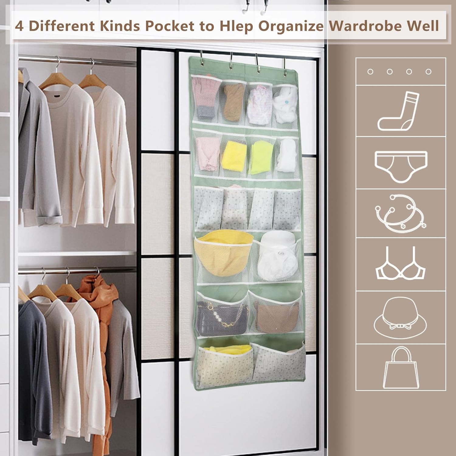 Kancnt Over the Door Hanging Organiser with 18 Pockets, Green & White – Turn Unused Door Space into a Clever Storage Spot