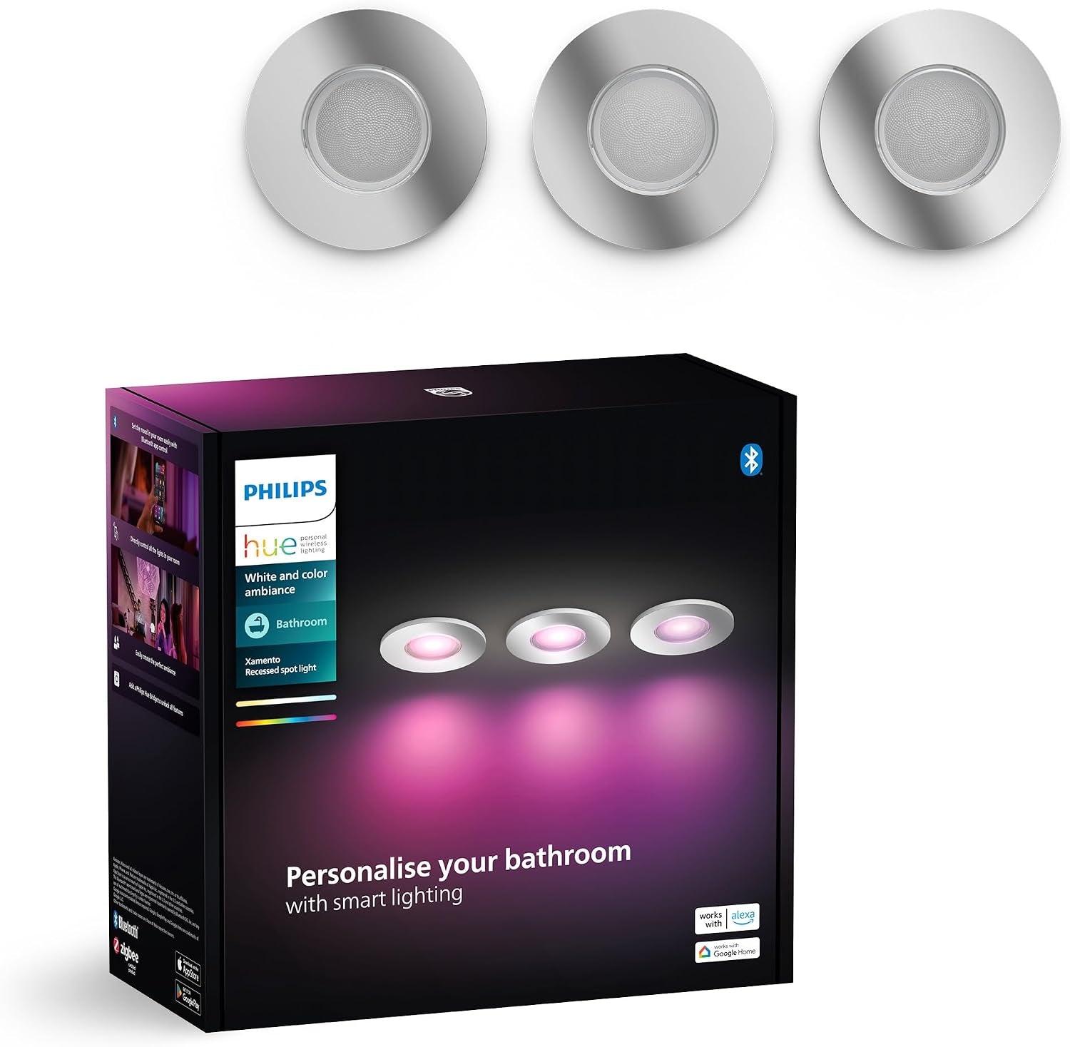 Philips Hue Xamento Recessed Spotlights, 1 Pack, Black | White and Colour Ambiance Light, Smart LED, 4.2W, 16 Million Colours, Dimmable, Bluetooth App Control, Smart Home