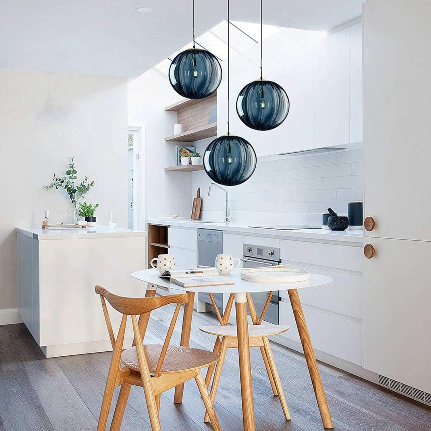 3-Light Pendant Lighting with Blue 15cm Glass Globes | Gold E14 Ceiling Pendant Fixture for Dining Room & Kitchen Island