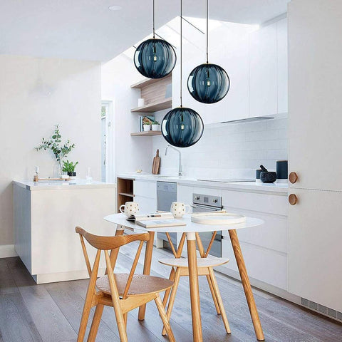 3-Light Pendant Lighting with Blue 15cm Glass Globes | Gold E14 Ceiling Pendant Fixture for Dining Room & Kitchen Island