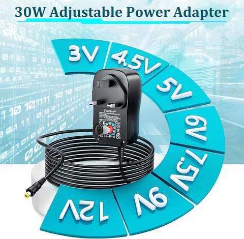 30W adjustable power adapter with cable on a digital background