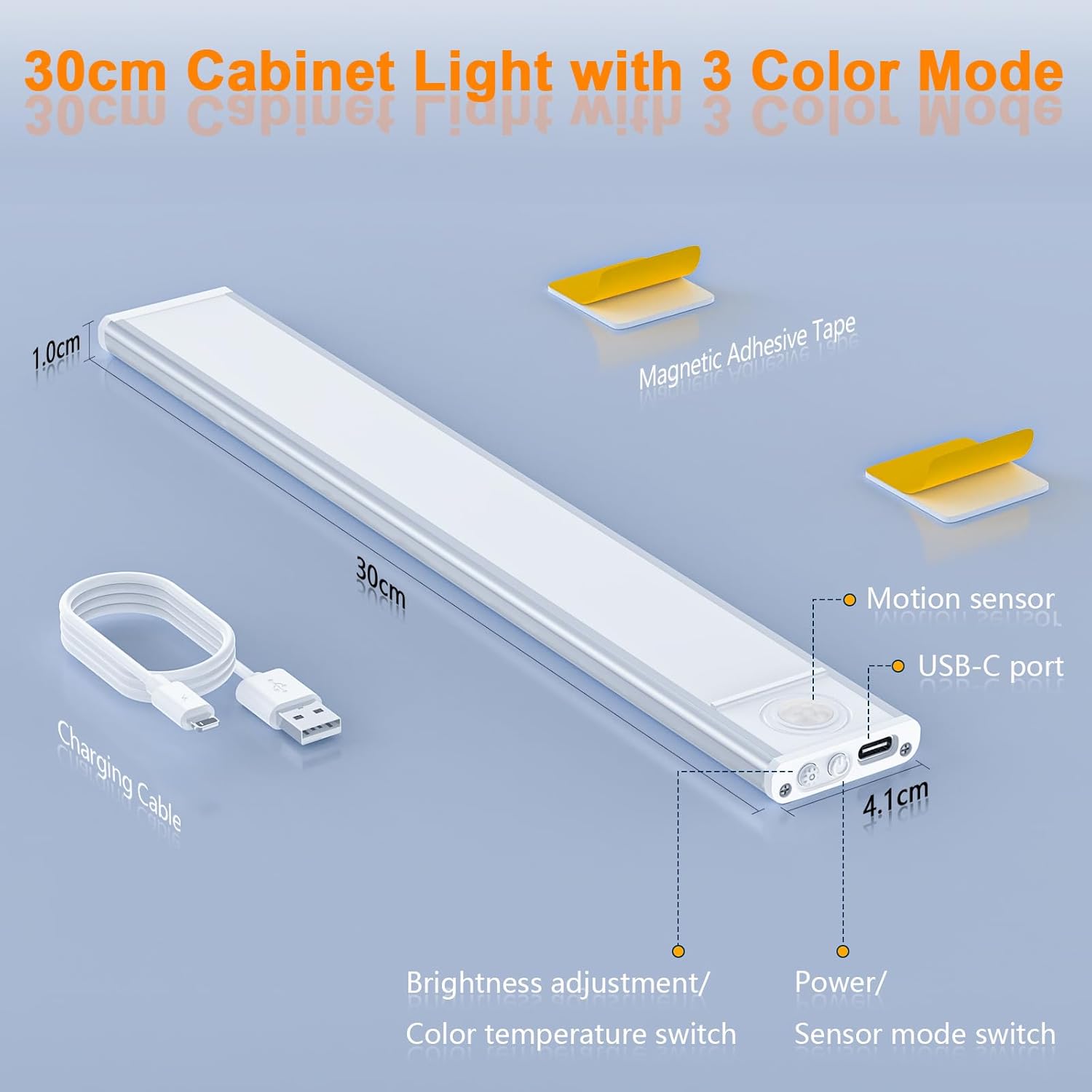 30cm cabinet light with 3 color mode features on a blue background