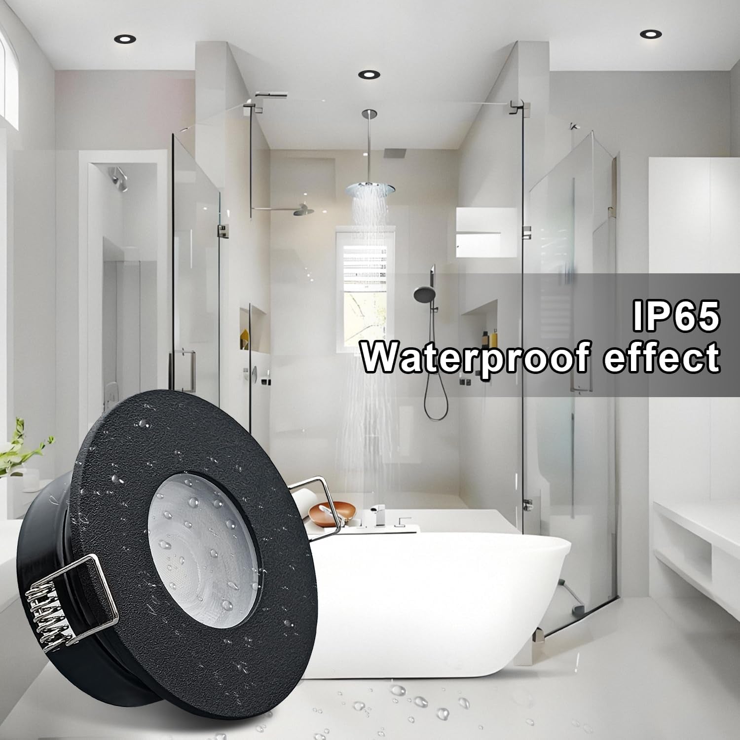 LED Downlights IP65 Waterproof Bathroom Spotlights 68-75Mm Cut Out | 4 Pack 5W GU10 3000K Class II Luminaire, Easy Install Black Recessed Ceiling Lights for Shower, Mains Powered