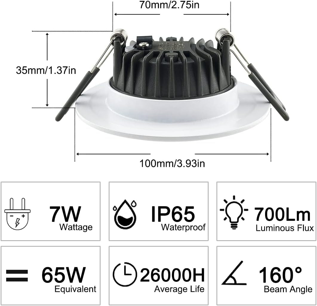 Recessed LED Ceiling Light, IP65 Soffit Bathroom Lights, 7W Waterproof Spotlights Downlight for Bathroom Shower Kitchen, Cut Φ70-90Mm Hole, 6 Pack [6000K Cool White]