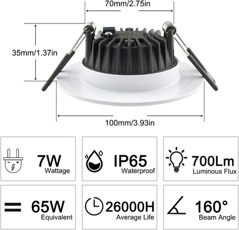Recessed LED Ceiling Light, IP65 Soffit Bathroom Lights, 7W Waterproof Spotlights Downlight for Bathroom Shower Kitchen, Cut Φ70-90Mm Hole, 6 Pack [6000K Cool White]